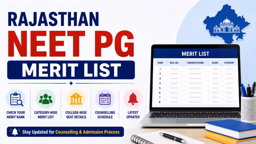 Rajasthan NEET PG Merit List 2026 – Check merit rank, category-wise list, college details, counselling schedule, and latest admission updates.