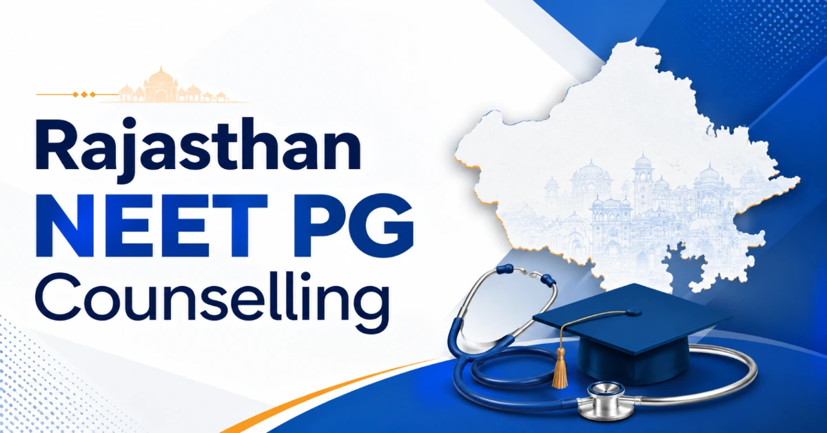 Rajasthan NEET PG Counselling featured banner with a blue and white professional design, Rajasthan state map silhouette, stethoscope, graduation cap and the title Rajasthan NEET PG Counselling.