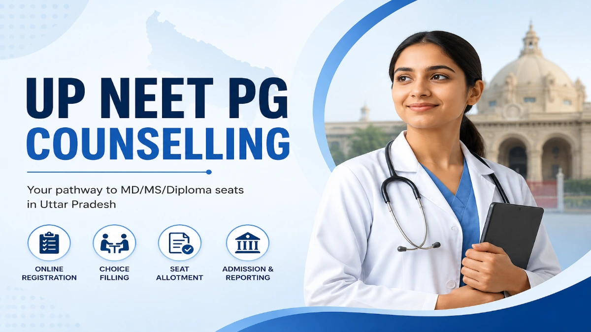 UP NEET PG Counselling banner featuring a medical student and counselling process icons.