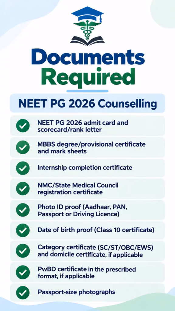 Dadra and Nagar Haveli NEET PG Seat Matrix Documents Required